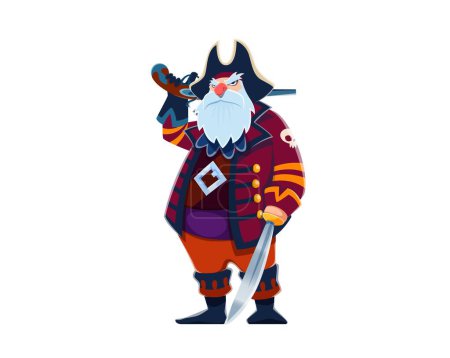 Dibujos animados viejo pirata o corsario capitán y marinero personaje con pistola pistola y sable, personaje vector. Filibustero pirata o marinero contramaestre en tricorne con mosquete y barba de carácter caribeño