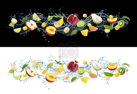 Illustration for Realistic long water wave with splash and ripe fruits. Soda or refreshing drink, mineral water splatters frozen motion vector splash with pieces of apple, peach, banana and lemon, kiwi, pear, mango - Royalty Free Image