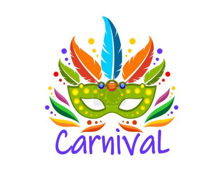 Téléchargez les illustrations : Masque de fête de carnaval avec plumes, icône d'événement de divertissement. Isolé vecteur vibrant masque emblème, encapsulant esprit mystérieux de Mardi Gras ou Brésil mascarade célébration et fête des fêtes - en licence libre de droit