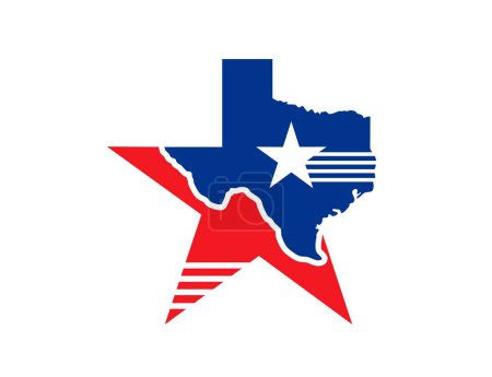 Symbole de l'État du Texas, icône de la carte, forme d'étoile avec contour de la frontière du territoire en couleurs rouge et bleu. Silhouette vectorielle isolée du Texas symbolisant l'unité et l'esprit indépendant de l'État américain