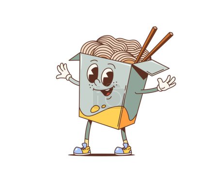 Illustration for Cartoon retro noodles box groovy character. Isolated vector asian fast food pasta personage, noodles in carton package with chopsticks, wide grin and happy eyes exudes cool, laid-back 60s or 70s vibe - Royalty Free Image