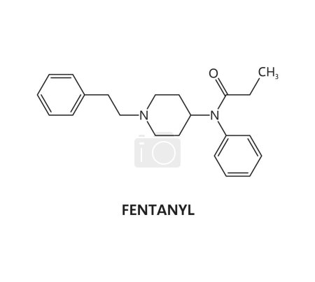 Ilustración de Molécula de fentanilo, fórmula de estructura de drogas orgánicas o sintéticas. Modelo bioquímico narcótico ilegal, compuesto de la biomolécula de la sustancia adictiva o fórmula química del vector de la droga del fentanilo - Imagen libre de derechos