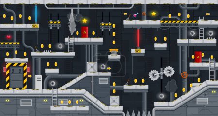 Illustration for Arcade underground factory game level map interface. Traps and steel metal platforms and coins, golden stars on console or computer game level, arcade app vector background, retro videogame backdrop - Royalty Free Image