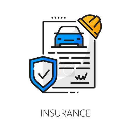 Illustration for Auto dealer, car insurance company, dealership thin line icon. Auto center, car official dealership or vehicle distributor linear vector symbol. Automobile dealer line icon with insurance contract - Royalty Free Image