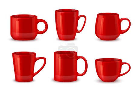 Illustration for Red ceramic coffee mugs or tea cup mockups, vector realistic tableware. Different coffee mug or tea cup with handles, red porcelain kitchenware or drink dishware and table crockery mock ups - Royalty Free Image