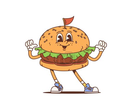Cartoon retro hamburger groovy character pointing with thumbs on itself. Isolated vector vibrant, tasty burger fast food personage with wide smile, beef and lettuce exudes cool, funky 60s or 70s vibe