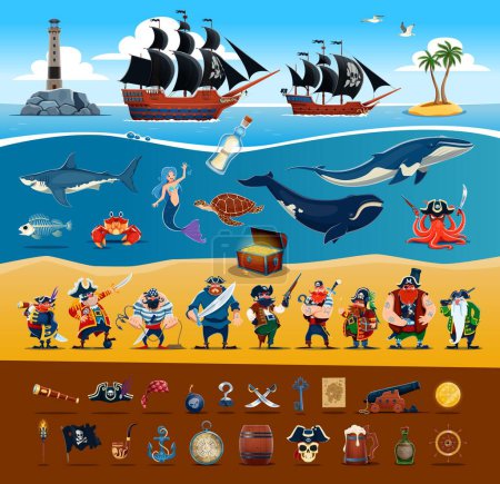 Dibujos animados piratas capitanes y marineros personajes, barcos y animales marinos, artículos piratas. Personajes divertidos corsarios vector con sombreros, espadas, cofre del tesoro y mapa, gancho, parche para los ojos, cráneo y loro