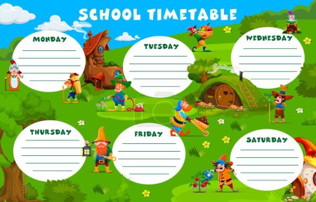 Illustration for Cartoon garden gnome and dwarf characters, fairy tale education timetable schedule. Study week timetable, classes vector weekly schedule planner with garden dwarfs or fairy gnomes village personages - Royalty Free Image