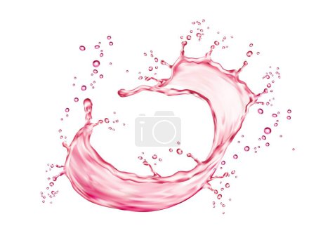 Illustration for Realistic pink water swirl splash with drops. Fresh vitamin juicy drink, berry wine, pink water whirl isolated 3d vector fizz. Fruit juice splash realistic ripples or flow droplets - Royalty Free Image
