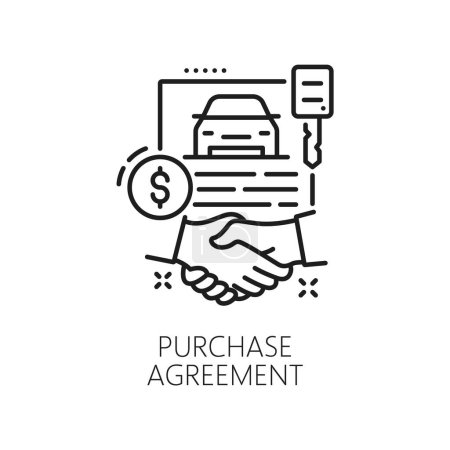 Illustration for Car company, auto dealer, dealership thin line icon. Car buy center, automobile sale distributor or vehicle lease shop outline vector symbol. Official dealership pictogram with purchase handshake - Royalty Free Image