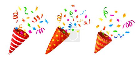Ilustración de Fiesta de vacaciones popper conos rayados, petardos de cumpleaños con confeti, estrellas y cintas de papel. Galletas de vectores y conos popper festivos que explotan serpentinas de color arco iris, confeti y purpurina - Imagen libre de derechos