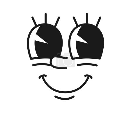 Ilustración de Cara de dibujos animados cómic groovy, emoción divertida del ojo y retro lindo personaje emoji. Personaje aislado vector monocromo amigable con la sonrisa escenografía y ojos grandes. Expresión facial feliz, sentimientos positivos - Imagen libre de derechos