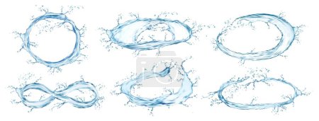 Ilustración de Circulo redondo salpicaduras de agua y remolinos. Aislado 3d vector realista conjunto de azul fluido transparente ondas y flujos en movimiento. Fresco oval, circular e infinito en forma de gotitas dinámicas salpicaduras claras - Imagen libre de derechos