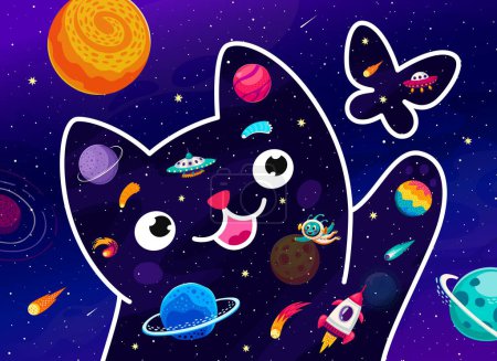 Illustration for Cartoon space cat chasing a butterfly. Cute cosmic pet playing in far universe. Vector celestial feline silhouette adorned with galaxies, stars and planets, ufo saucers and aliens within its contours - Royalty Free Image