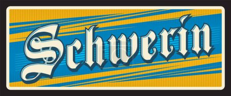 Placa adhesiva de viaje alemana Schwerin, etiqueta de equipaje vectorial. Alemania ciudad estaño signo y placa con símbolo de la ciudad alemanay bandera. Antiguo postacard con Zwierzyn de Mecklemburgo Vorpommersch