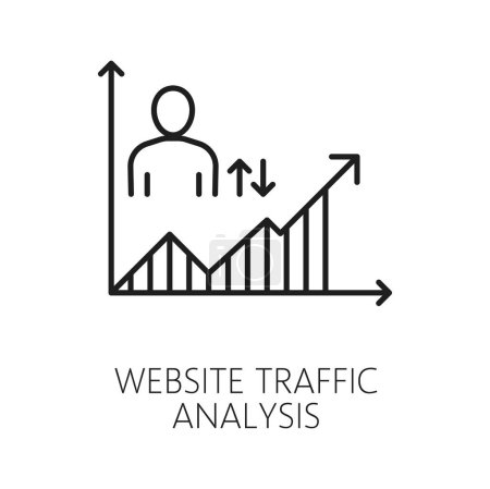 Illustration for Website traffic analysis. Web audit icon. Website content audit, marketing campaign performance analysis or online company traffic control thin line vector sign with user figure, infographics graph - Royalty Free Image