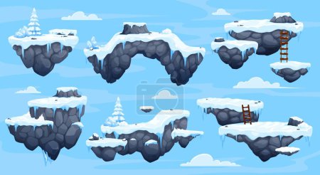 Ilustración de Plataformas de juego arcade con hielo y nieve, activo de juego de nivel de invierno. Vector flotante ui islas rocosas con nieve, abetos y escaleras. Ubicación interfaz de mapa para el juego móvil fantasía entorno ártico - Imagen libre de derechos