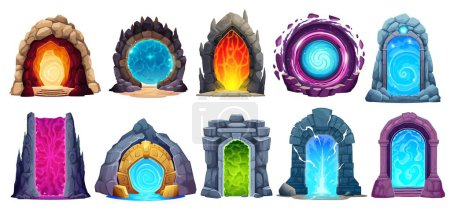 Illustration for Fantasy game cartoon magic portal door set. Vector enchanting doorways transport adventurers to mystical realms, their intricate runes and shimmering surfaces concealing gateways to fantastical worlds - Royalty Free Image