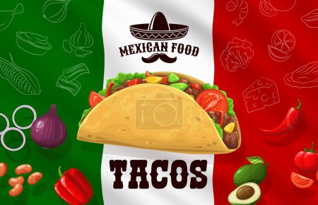 Tacos day banner with Mexican flag and ingredients onion, beans, bell pepper and avocado, jalapeno pepper and tomatoes. Vector national background in traditional colors of Mexico and tex mex food meal