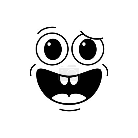 Ilustración de Dibujos animados sonrisa nerviosa divertida, cómic emoción cara groovy, retro lindo personaje emoji. Vector aislado monocromo expresión facial vacilante transmite malestar o ansiedad con una sonrisa incómoda forzada - Imagen libre de derechos