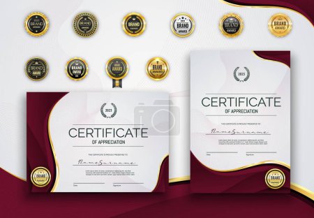 Illustration for Maroon certificate diploma award vector template with golden seals and lines borders. Certificate of achievement, honor gift and award. Vertical and horizontal diploma, gold badges and laurel wreaths - Royalty Free Image