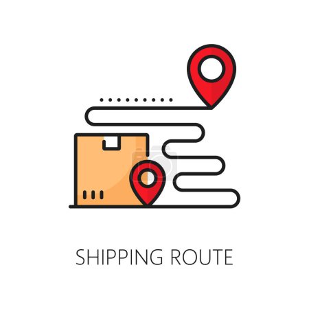 Illustration for Shipping route color line icon of delivery package tracking with box and map pins, vector logistics. Shipping, cargo and package delivery service outline symbol, parcel location and order tracking - Royalty Free Image