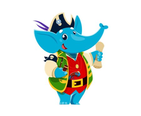 Illustration for Cartoon funny elephant animal captain pirate character with treasure map and mischievous grin. Isolated vector tropical personage wear nautical costume, ready for searching hidden treasures adventure - Royalty Free Image