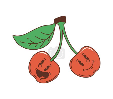Cartoon-Retro-Hippie groovy Cherry Zwillinge Zeichen Symbol. Vereinzelte niedliche Vektorpaar frische und reife Sommerbeeren hängen am gleichen Stiel. Komische nostalgische saftige Beeren oder Fruchtfiguren