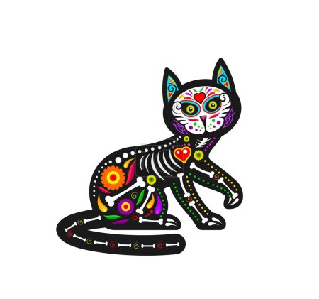 Mexikanischer Tag des toten Katzentieres mit Zuckerschädel-Tätowierung. Isolierte Vektor dia de los Muertos Kätzchenfigur mit Knochen, lebendigen Farben und floralen Motiven, symbolisiert die Feier der verstorbenen katzenartigen Haustiere