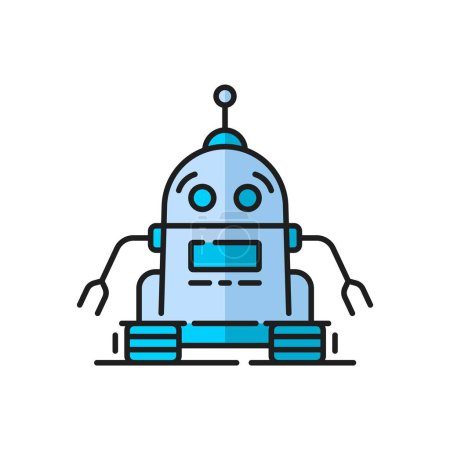 Illustration for Futuristic virtual bot, game humanoid droid, alien retro robot line color icon. AI robot, robotic technology droid or industry future machine, artificial intelligence bot outline vector symbol or icon - Royalty Free Image