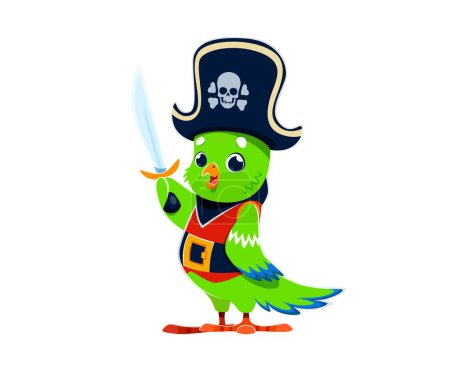 Illustration for Cartoon parrot animal bird pirate sailor character. Isolated vector colorful, feathered, funny corsair personage with saber and cocked hat, ready for high-sea nautical adventures and witty banter - Royalty Free Image