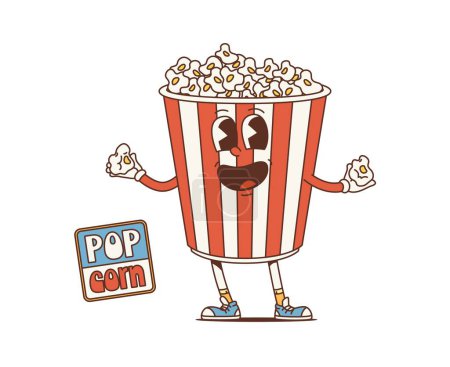 Téléchargez les illustrations : Cartoon retro movie popcorn bucket groovy character. Isolated vector cheerful pop corn personage with a vibrant red and white stripes, playful smile and happy eyes, ready for a nostalgic movie night - en licence libre de droit