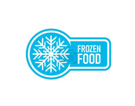Ilustración de Icono de alimentos congelados para la etiqueta del producto con copo de nieve o cristal de hielo, placa azul vector. Mantenga sello de alimentos fríos o congelados para carne fresca refrigerada, pescado o paquete de mariscos con icono de copo de nieve - Imagen libre de derechos