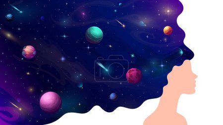 Illustration for Woman with galaxy space hair. Vector double exposure profile of girl head vector silhouette with flowing wavy hair of cartoon space galaxy planets, stars, asteroids and constellations background - Royalty Free Image