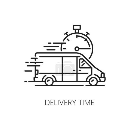 Ilustración de Icono de línea de tiempo de entrega para la logística del servicio de envío de pedidos, pictograma vectorial. Logística cadena de suministro y entrega icono de la aplicación de furgoneta de mensajería con cronómetro para la aplicación de servicio rápido de entrega urgente - Imagen libre de derechos