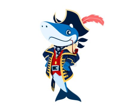 Tiburón de dibujos animados capitán animal o personaje de corsario pirata con pipa humeante, vector marinero divertido. Capitán de tiburón en sombrero de tricorne pirata y bandana de cráneo marinero para niños Carácter pirata caribeño