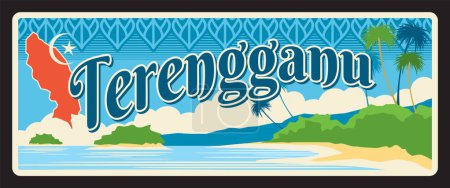 Illustration for Terenggau Malaysian state or region. Vector travel plate or sticker, vintage tin sign, retro vacation postcard or journey signboard, luggage tag. Card with beach landscape and map with ornaments - Royalty Free Image