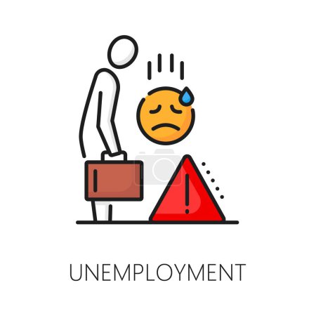 Illustration for Unemployment color line icon of unemployed or jobless person with briefcase and unhappy emoji vector symbol. Economic crisis, job loss, layoff and staff reduction outline sign, business recession - Royalty Free Image