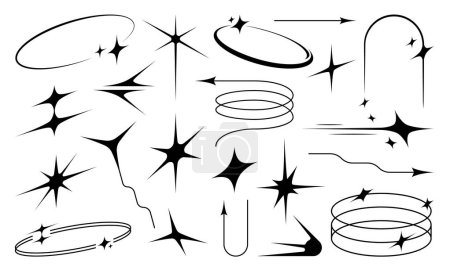 Ilustración de Elementos estéticos y2k, estrellas espaciales y figuras brillantes. Chispas lineales vectoriales, arcos, óvalos, espirales, flechas en color negro y vibraciones futuristas de tecnología retro. glamour cósmico, moda, formas simples brutales - Imagen libre de derechos
