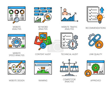Web audit icons, website analysis, content ranking and digital traffic data research, line vector. Technical web audit icons of website link quality, keyword analytics and content or SEO report charts