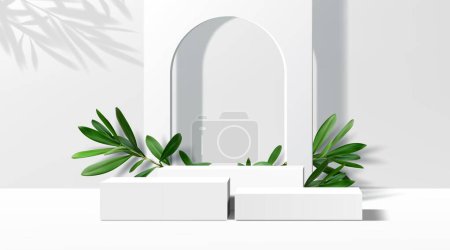 Illustration for 3d white podium stage with green olive leaves. Realistic 3d vector platform or pedestal mockup for products presentation in studio. Background with rectangular stands and arch for displaying cosmetics - Royalty Free Image