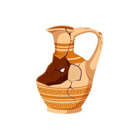 Illustration for Ancient broken pottery and vase. Old ceramic cracked pot or jug. Isolated cartoon vector greek or roman earthenware pitcher with cracks, hole, pattern and handle. Vessel for wine, museum artefact - Royalty Free Image