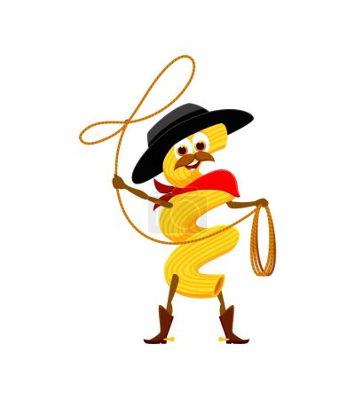 Illustration for Cartoon Italian cavatappi pasta cowboy and sheriff, bandit and robber, ranger character. Italian pasta Texas sheriff, food Wild West cowboy or noodle western bandit vector personage with lasso - Royalty Free Image