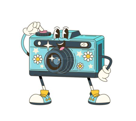 Illustration for Cartoon groovy photo camera retro character. Isolated vector funky, hippie style photocamera personage adorned with vibrant daisy flowers, stars and playful smile push shooting button to make snapshot - Royalty Free Image