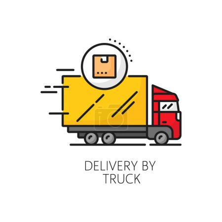 Illustration for Delivery by truck color line icon of delivery van or courier car vehicle transport with box. Vector logistics, shipping and cargo carriage service symbol with truck delivering parcels, packages, boxes - Royalty Free Image