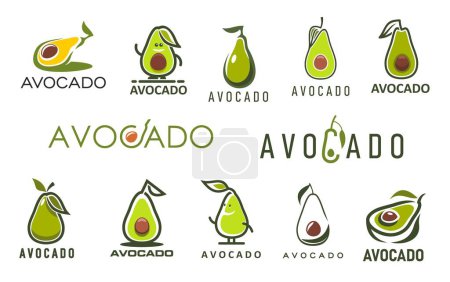 Illustration for Avocado farm, juice and oil icons of vector vegetable food. Cute cartoon characters of ripe green avocado, raw fruits halves with leaves and seeds isolated symbols set for organic vegan food and drink - Royalty Free Image