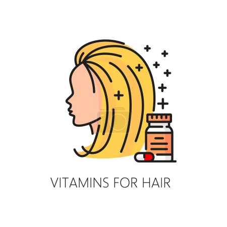 Illustration for Hair care vitamins color line icon for hair beauty treatment and nutrition, outline vector. Woman head and vitamins icon for dry hair, hair loss or dandruff treatment for healthy follicles and growth - Royalty Free Image