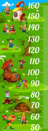 Illustration for Kids height chart ruler, cartoon garden gnome and dwarf characters. Children growth measure scale, height chart vector wall sticker with fairy village houses, cute gnome, elf and dwarf personages - Royalty Free Image