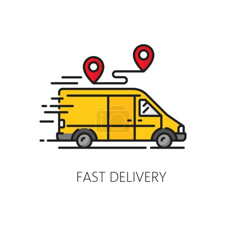 Illustration for Fast delivery truck color line icon of vector shipping, cargo carriage and package delivery service. Logistics and supply chain outline sign with yellow van, courier car and truck, shipping route pins - Royalty Free Image
