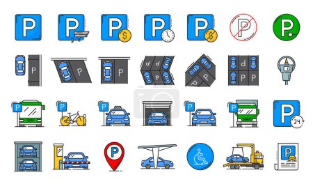 Automatischer Garagenservice und Parkleitungssymbole. Parkhaus-Symbole, Parkflächen oder öffentliche Parkzonen umreißen Vektorsymbol mit Taxi, Fahrrad und LKW, Abschleppschilder